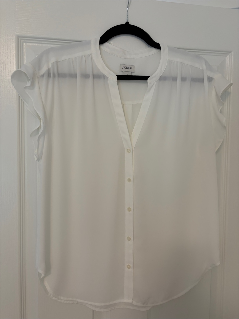 J. Crew White Ruffle Sleeve Button-Up Blouse